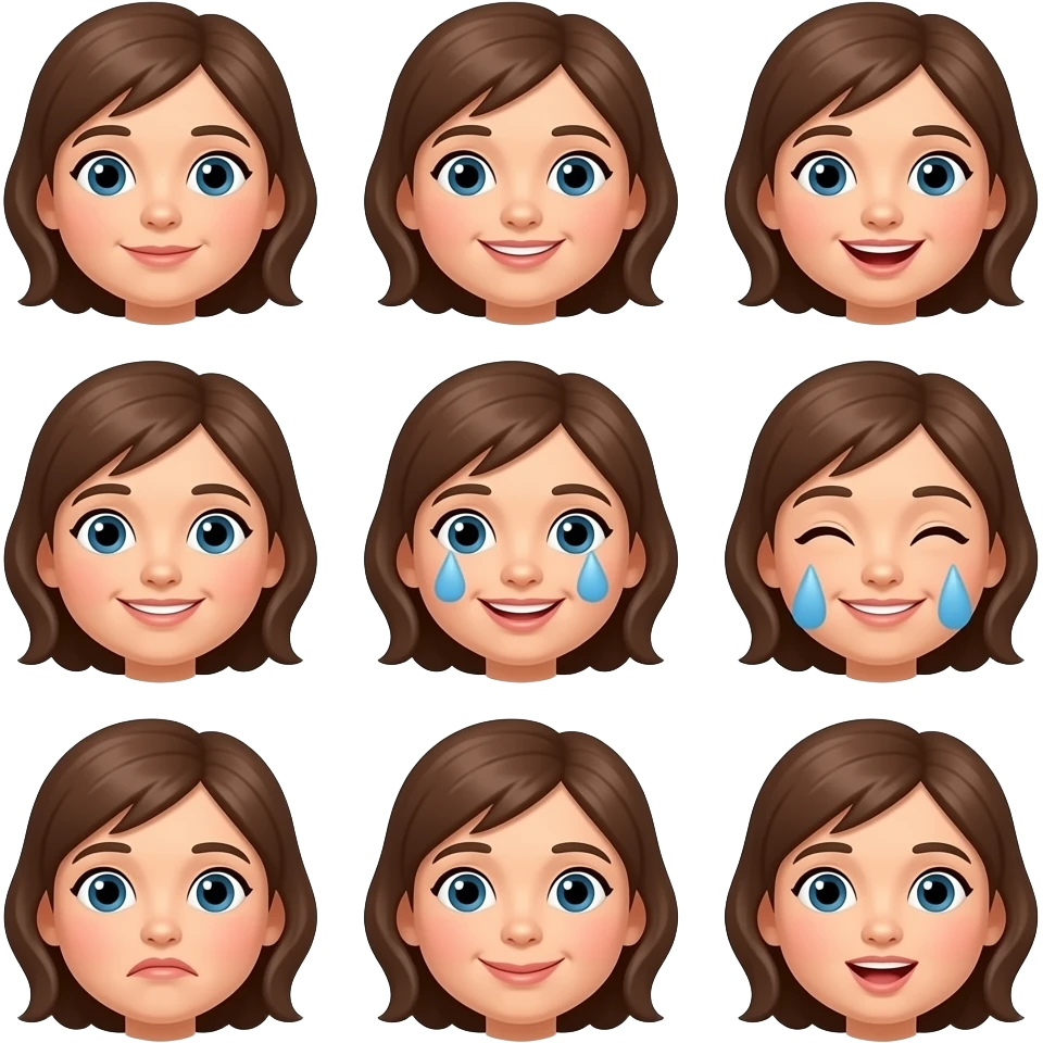 Can you make the girl in this picture can you make them emoji of each emotion out of the girl in the sticker I want them all to look like the girl in this picture emoji