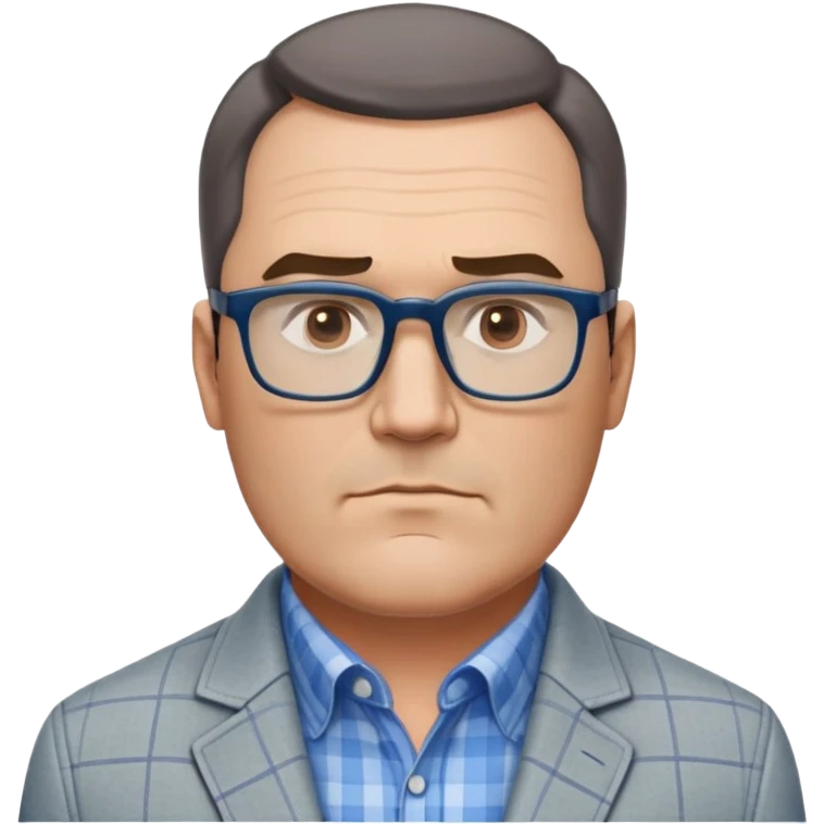 50-year-old heavyset man with very wide face and prominent square jawline. Short straight hair combed to the side, not balding. Large dark square glasses. Serious-relaxed expression. Light gray jacket that fits his larger frame, white shirt with blue checkered pattern. emoji