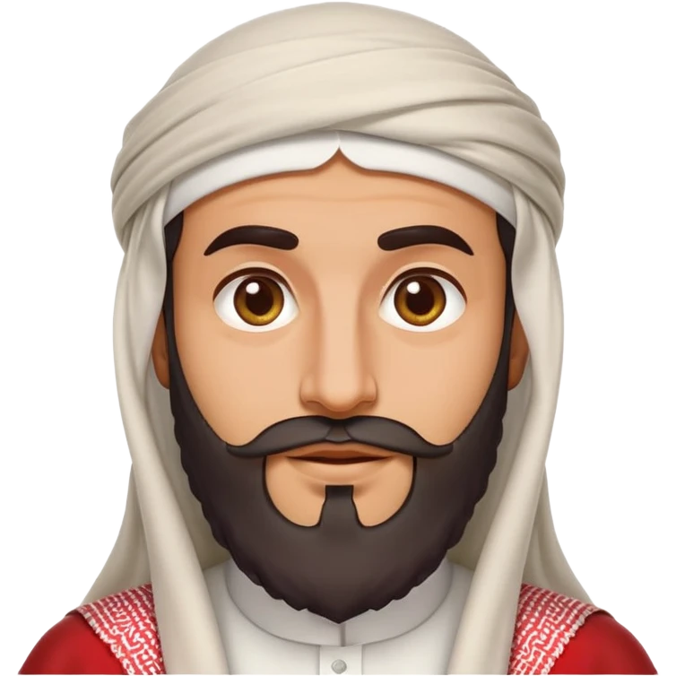 Saudi man emoji style, sharp features, white thobe, red shemagh, wide beard, friendly expression emoji