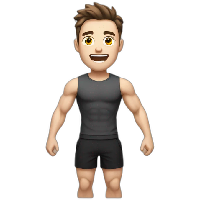 amazed Open with surprise mouth Pale skinned Fit Man With the biceps and dark brown hair in black shirt, gray sports shorts and white Sneakers emoji