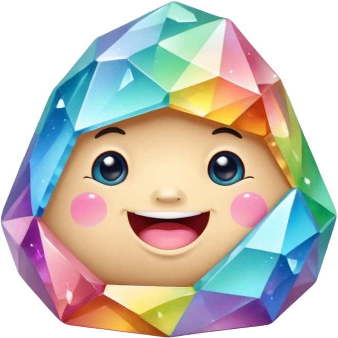 A single pastel rainbow crystal rock character, chubby and heavy with a chunky, irregular polygon shape,covered in faceted crystal planes and small chips, big glossy rainbow eyes and a small smiling mout emoji