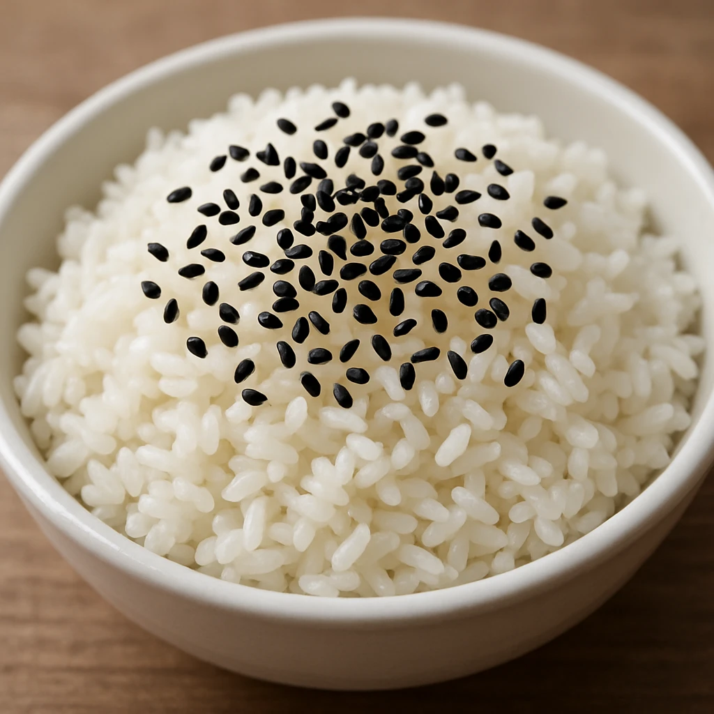 A dish of rice topped with black sesame seeds emoji