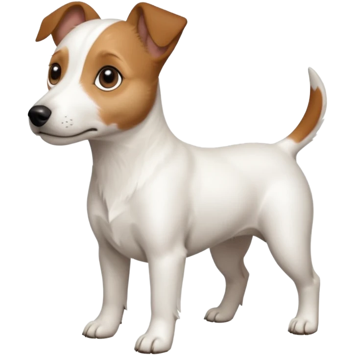 a full body white jack russel looking dog the size of a kelpie with light brown ears and a light brown patch on one eye, flopped down ears and a large snout emoji