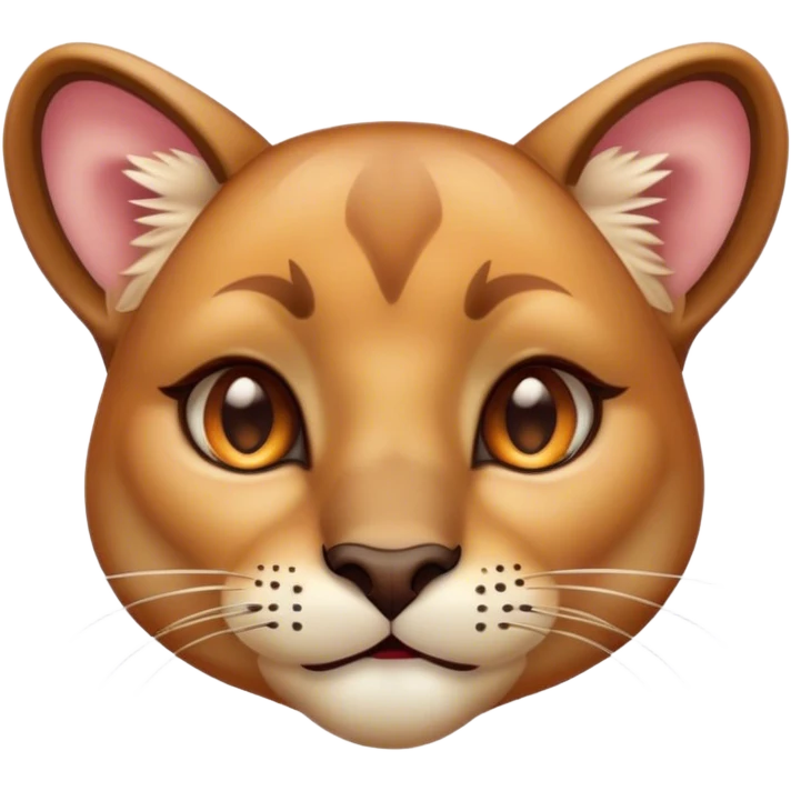 Cinematic Cute Cougar Portrait Emoji, Head tilted playfully and inquisitively, featuring a glossy, tawny Fur with delicate dark markings and round, sparkling amber eyes filled with curious mischief, Simplified yet irresistibly adorable features, highly detailed, glowing with a warm, friendly glow, high shine, affectionate and agile, stylized with a touch of wilderness whimsy, bright and endearing, soft glowing outline, capturing the essence of a mischievous yet loving cougar, so playful it feels like it could prowl out of the screen and into your arms! emoji