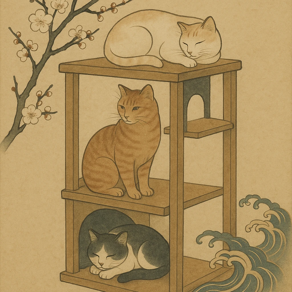 cats relaxing in a vertical playhouse emoji