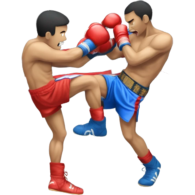 A Muay Thai Boxer in blue shorts knocking out his opponent in red shorts emoji