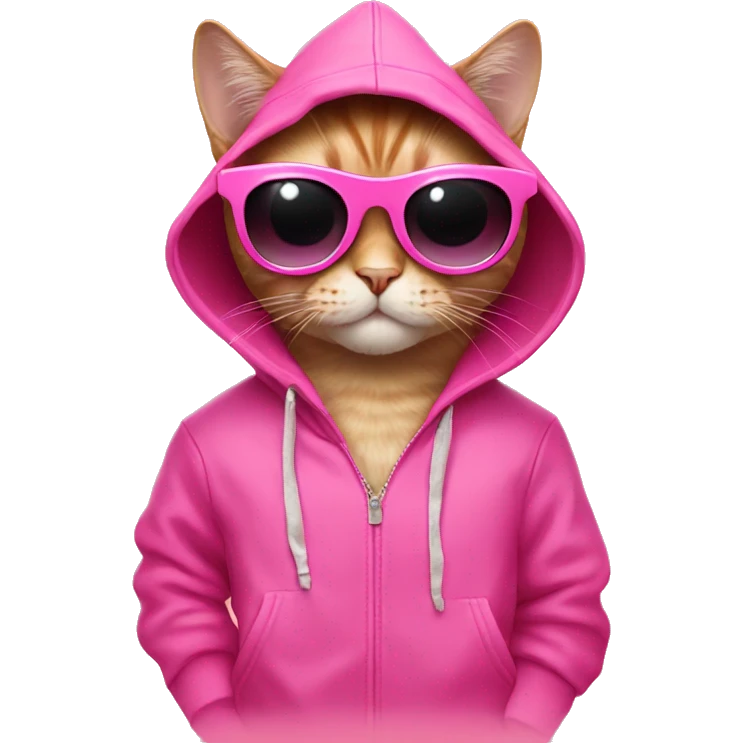 Cat wearing a pink hoodie with pink sunglasses and pink coctel emoji