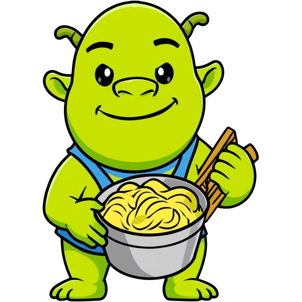 Shrek the green ogre holding a bucket of carbonara pasta emoji