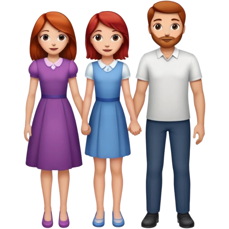 A girl with makeup with brown hair with a child, a daughter, a girl with red hair, holding her hand in  and a husband, a man with brown hair, a family emoji