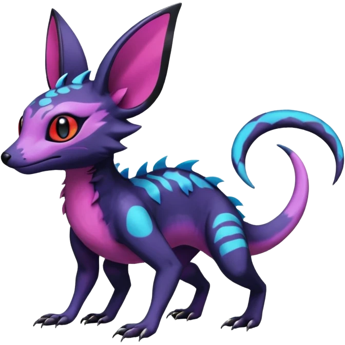 Rare epic aesthetic colorful Salandit-Noibat-Eevee-Genet-species-Fakemon-hybrid-creature, with markings, full body emoji