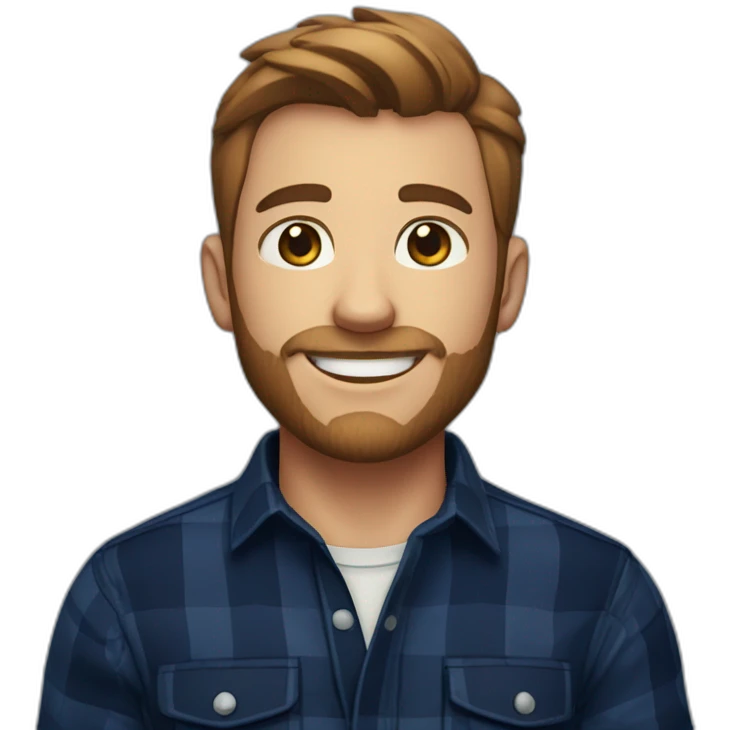 A young man with a well-defined light beard, neatly trimmed short brown hair, exuding confidence, clad in a navy blue checked flannel shirt. emoji