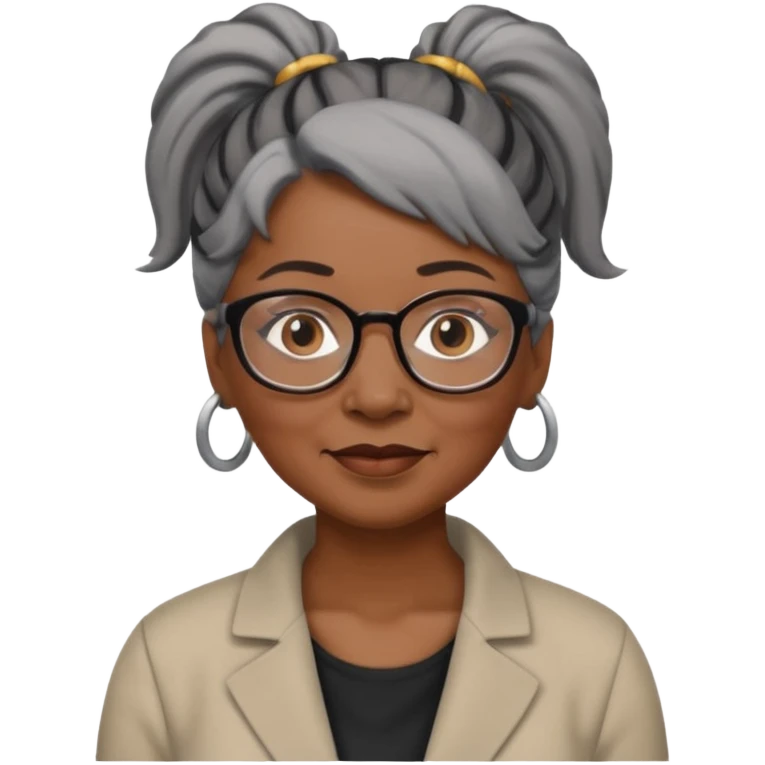 emoji of a black older women with black and gray hair in a ponytail with glasses and brown eyebrows emoji