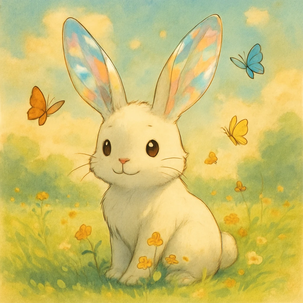 A playful rabbit spirit companion with partially translucent ears that catch the sunlight like crystal, leaving small flowers blooming with each hop, sitting in a meadow with butterflies circling around it emoji