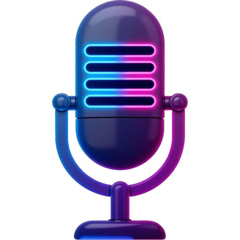 desktop studio microphone with neon glow effect, blue and purple neon glow on top left, pink neon glow on bottom right emoji