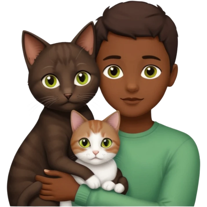 Crea un emoji donde salga un chico moreno con los ojos claros, una chica morena con los ojos marrones y SOLO UN gato europeo comun de pelaje oscuro y ojos verde claro, quiero que se esten abrazando y el gato este en el medio del chico y la chica emoji