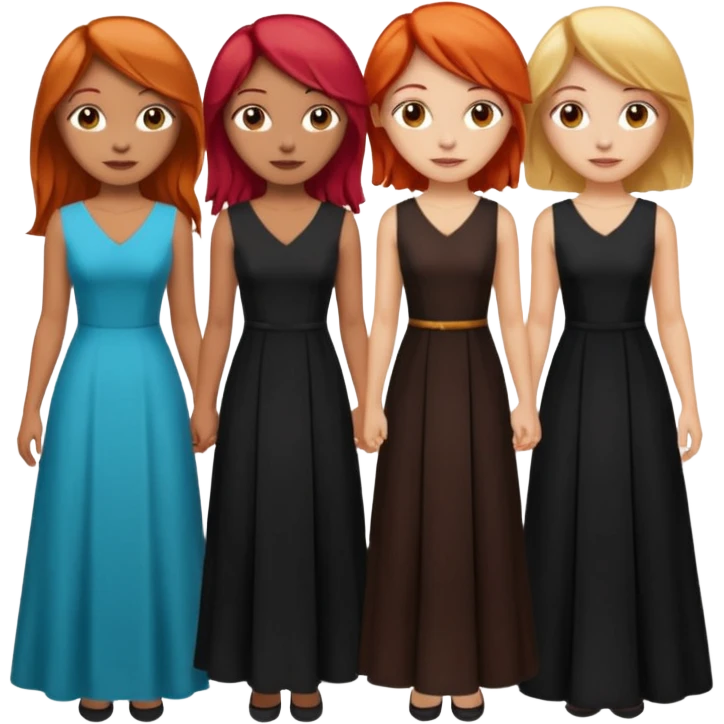 Can you create an image of 3 friends together one with red bright hair light skin one the other with brown hair with some blonde highlights in the hair fair skin the last one with light brown a tint of orange hair and black long hair with brown with dresses dark hair on one emoji