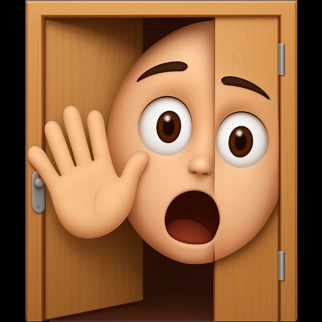 Add a hand waving to the surprised face partially visible from behind a door, front angle, in emoji style. emoji