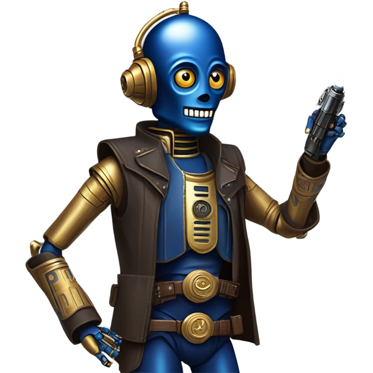 human-sized darkblue-pearl friendly smiling bounty hunter c3po droid wearing leather wild west duster, backpack, saddlebags holding light saber ready to fight but relaxed. antique emoji