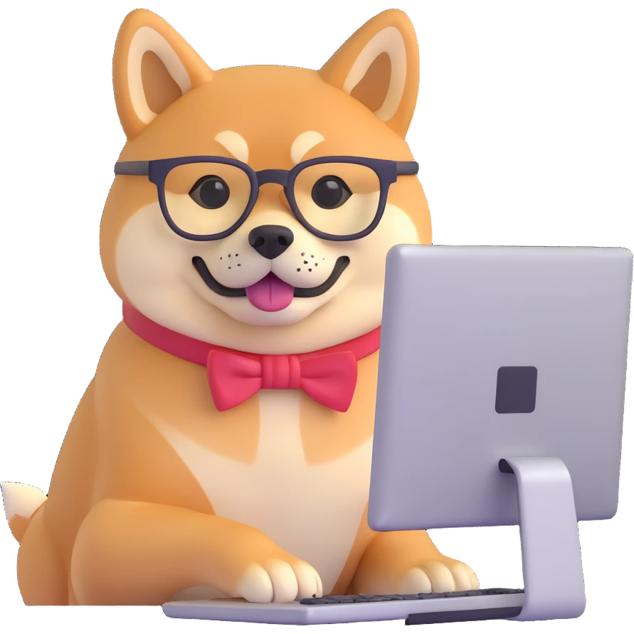 shiba inu with eye glasses and computer emoji