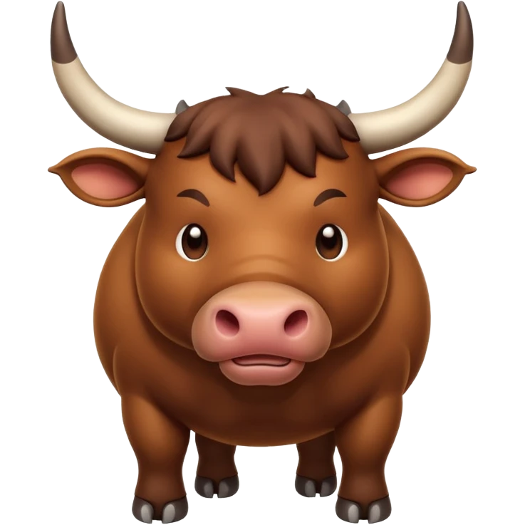 An adorable full-body 3d brown bull with large and exaggerated features in the shape of a ball. Make the background white emoji