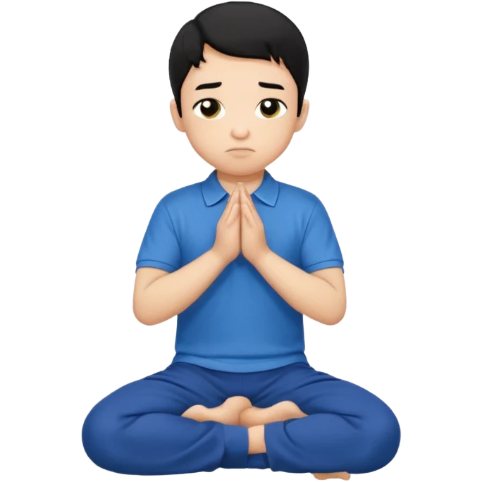 In Niño de cabello negro , arrodillado orando con polo azul emoji