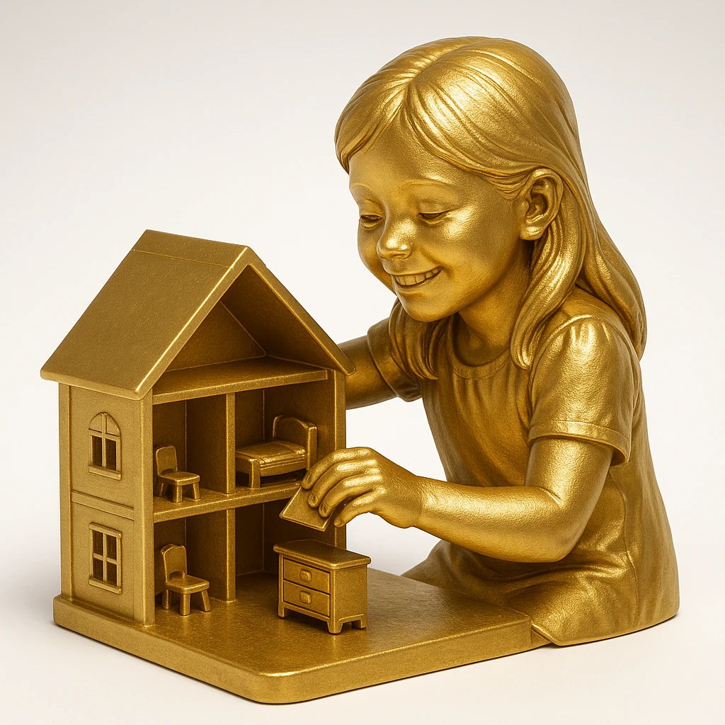 smiling girl arranging furniture in doll house emoji