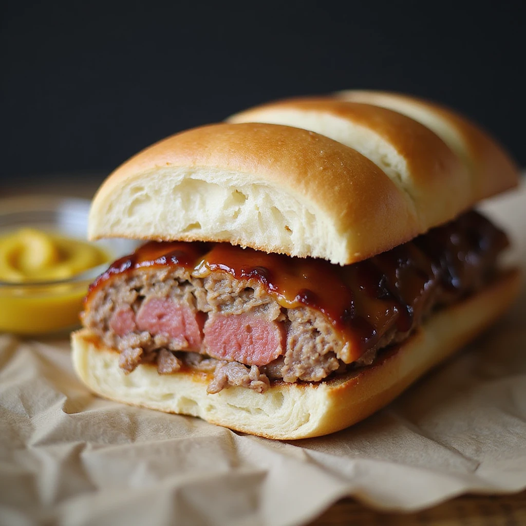 Hearty Bavarian Leberkäse sandwich: thick slice of baked meatloaf with golden-brown crust and pink inside in a round, crusty, lightly floured white roll, with sweet mustard on the side. Traditional German deli style. emoji