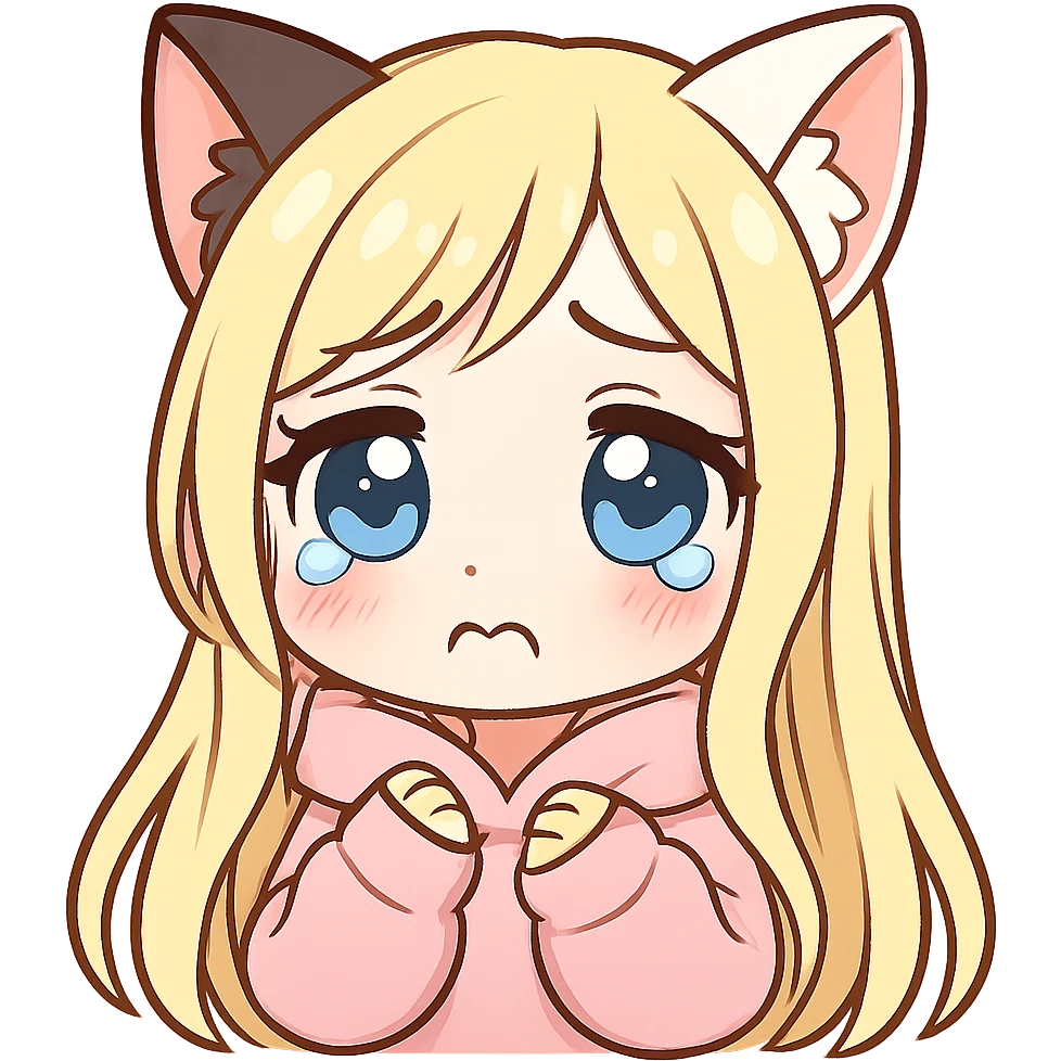 extra cute, extra chibi anime catgirl Twitch emote, one black cat ear and one white cat ear, blonde extremely long hair, blue eyes, white skin, pastel pink hoodie, sad expression, no background emoji