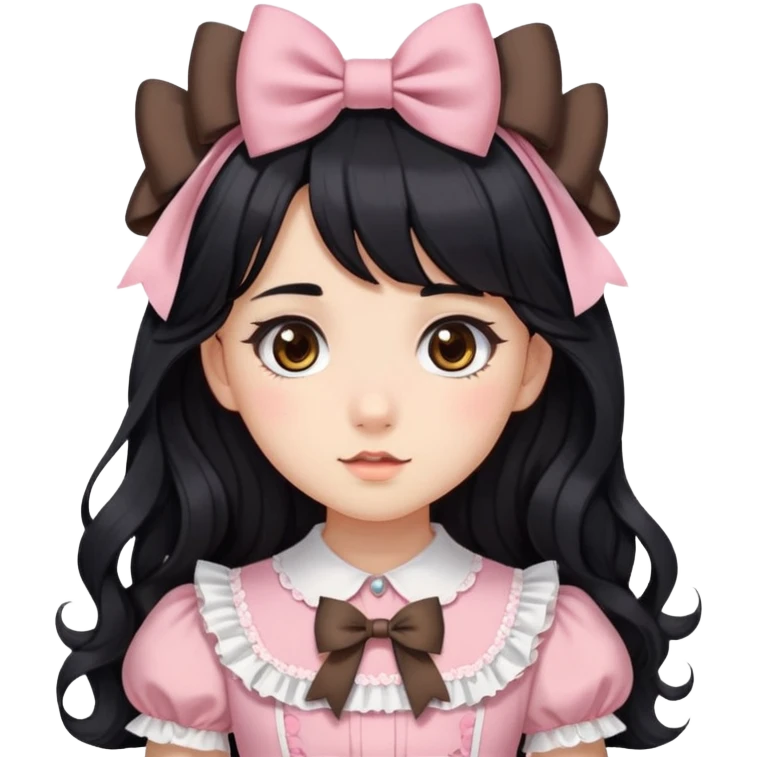A girl, long wavy black hair with side bangs. Brown eyes. Wearing two bows on her hair. Wearing a cute lolita dress  emoji