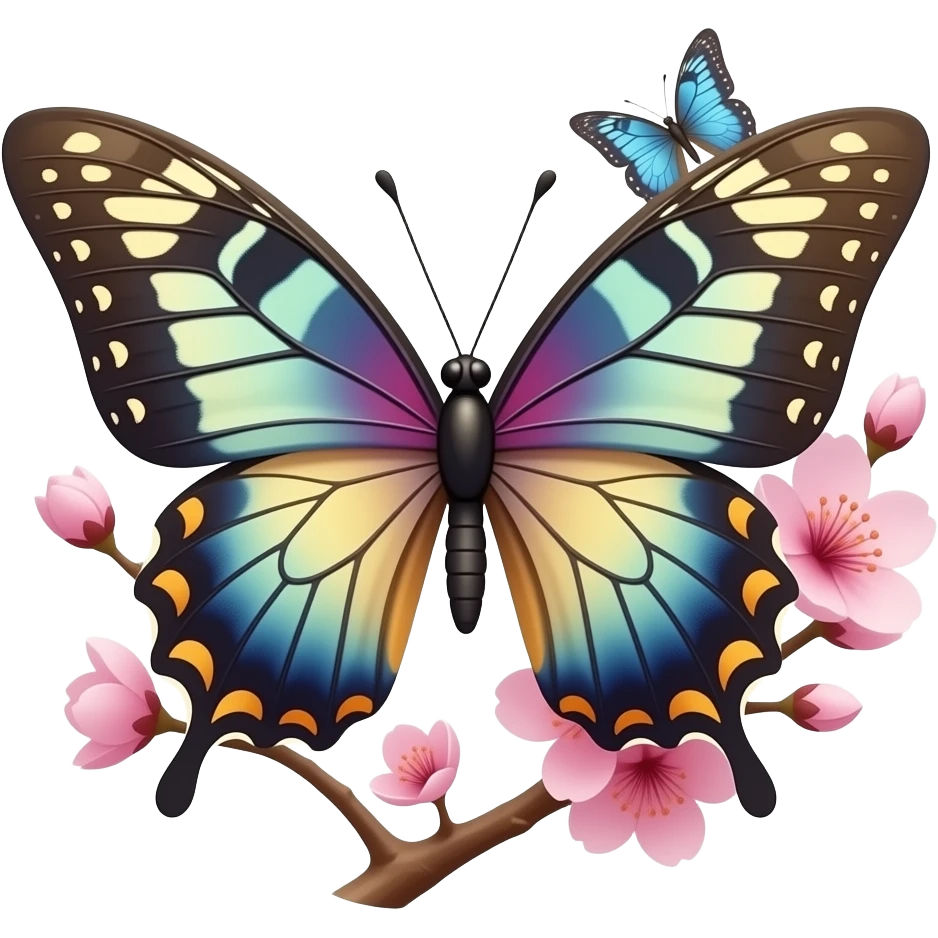 illustration, Whimsical beautiful butterflies, still life. Vivid Whimsical color scheme, ultra detailed with cherry blossoms,, hyperrealistic. 8k, 5000x5000, clean, very thin lines, smooth appearance, 3D, no emoji icons or faces, full transparent background  emoji