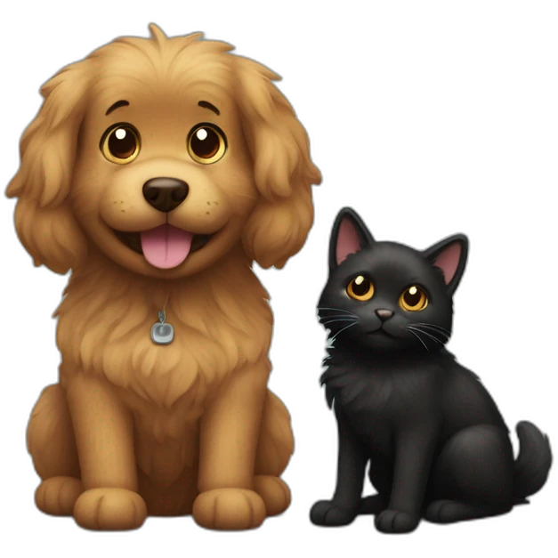 Black cat and Brown fluffy dog smiling emoji