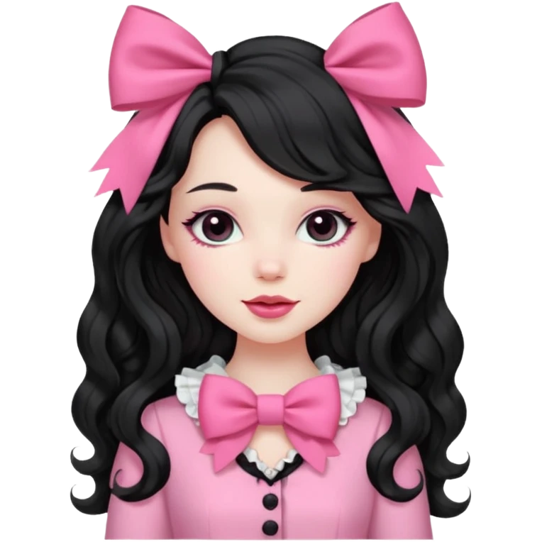 black hair with wavy long hair and pink clothes coquette vibes, a bow emoji