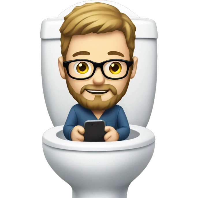 White man with a beard and glasses sitting on the toilet holding a phone emoji