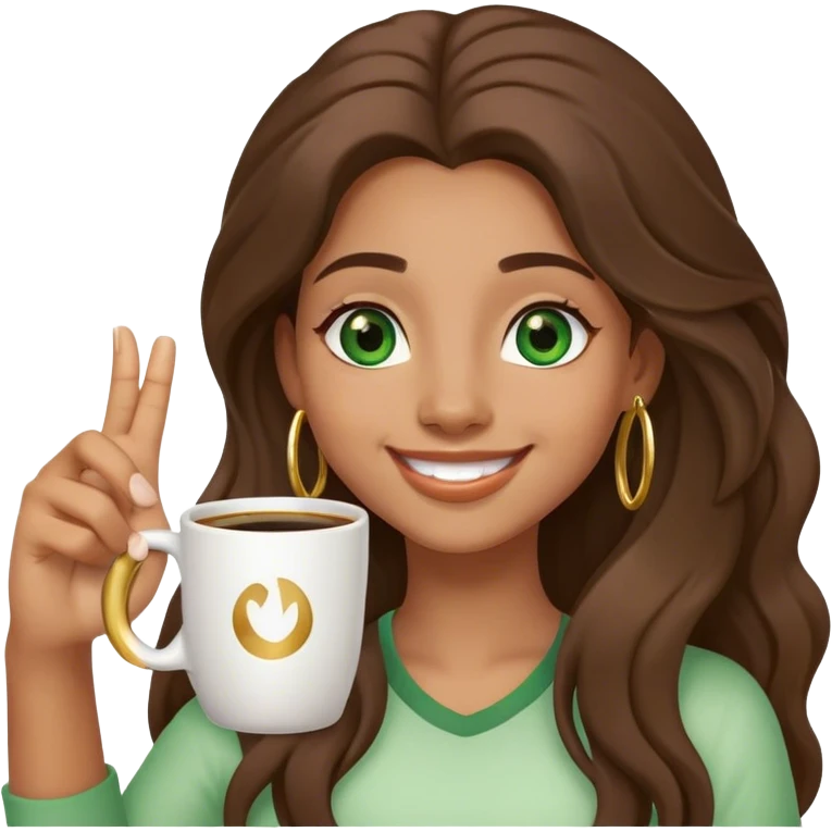 Long, Brown haired girl with middle hair part, green eyes, gold hoop nose ring, smiling, waving with one hand, coffee mug in the other emoji