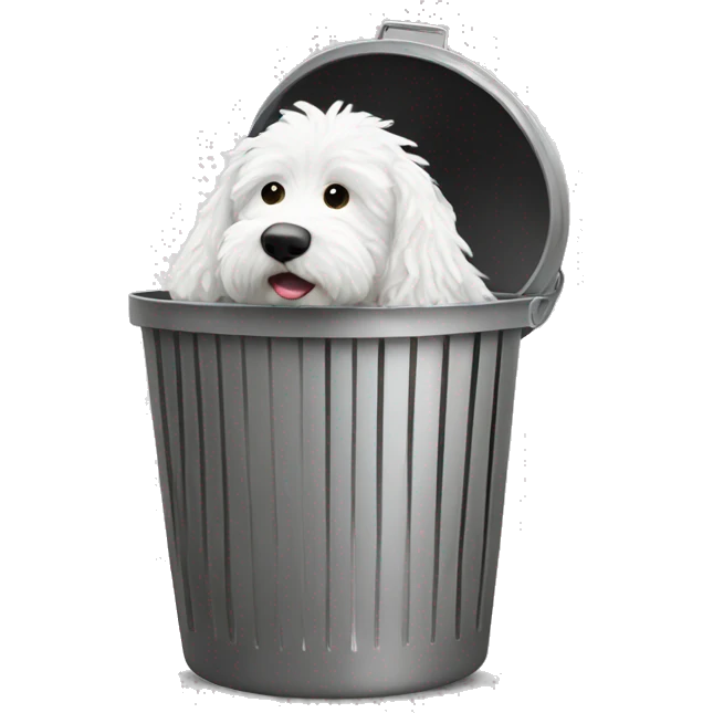 White doodle digging in trash can emoji