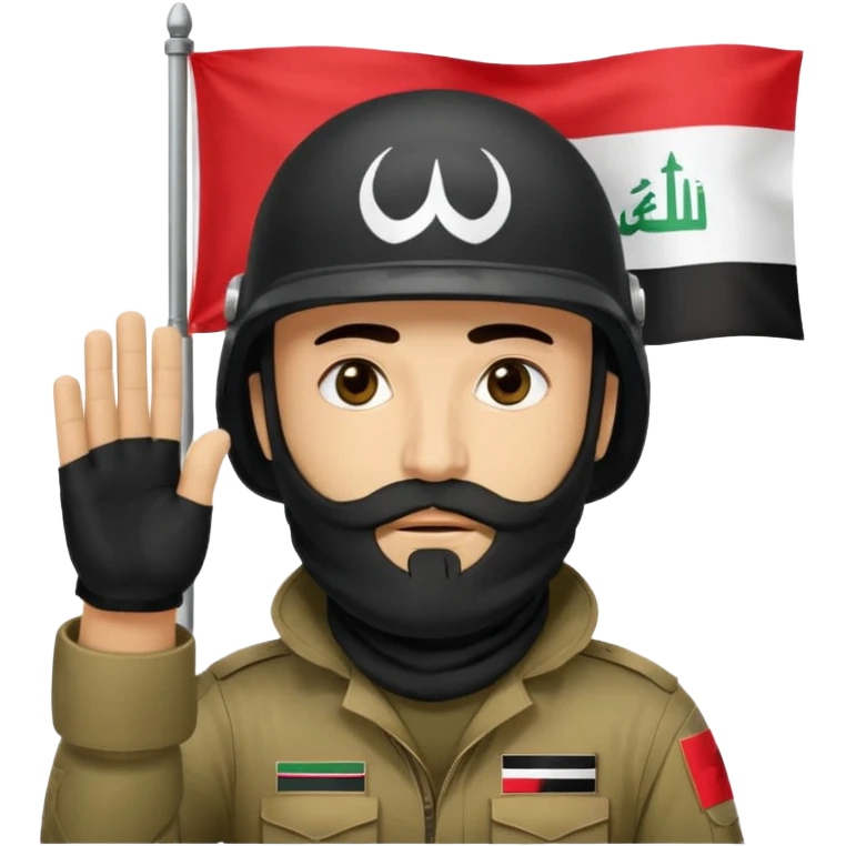 surrenders, depicts an Iraqi soldier from 1980, with a beard, in a helmet, a helmet with sign flag Iraq, with a balaclava, with sad eyes and both hands raised up emoji