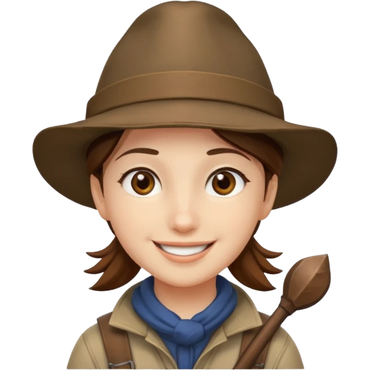 Um rosto kawaii de olhos castanhos com chapéu de aventureiro e sorrindo emoji