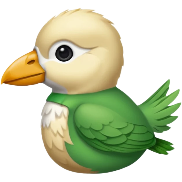 un oiseau classique de profil tout vert même sa tête  et un seul poil blond qui fait une petite bouclette sur le front avec le collier argenté avec des ronds attachés au collier est autour du coup de l’oiseau entre la tête et le corps emoji