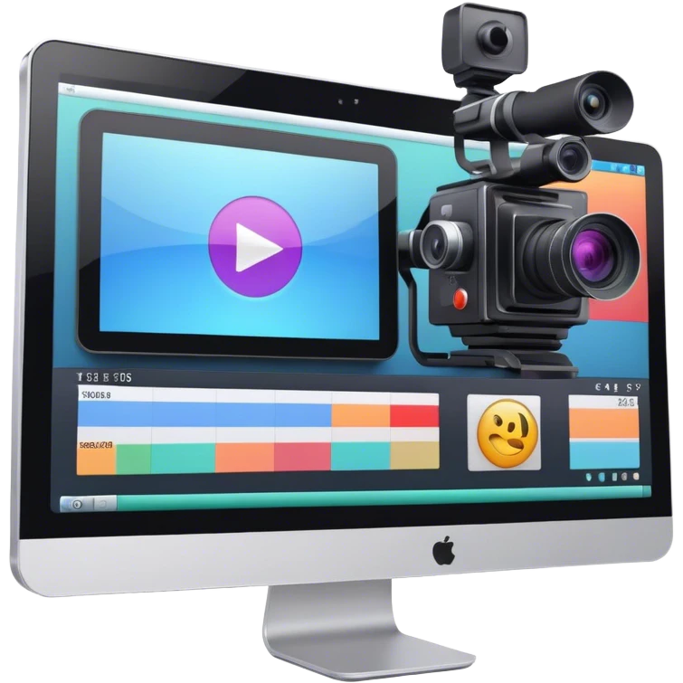 Create an emoji for video editing. Show a computer screen with a video timeline, clips, and editing tools (e.g., scissors). Add a video camera. Use modern, professional colors. Do not include any emojis or smiley faces. Make the background transparent emoji