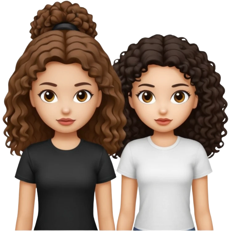 2 pretty bratz fair girls. One has straight brown hair and is tan, wearing a white tshirt. One is fair with curly black hair, wearing a black tshirt  emoji