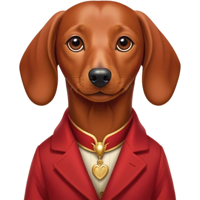 Cinematic Noble Red Dachshund Portrait Emoji, Poised and regal, with a long, low-slung build and a smooth, well-groomed red coat, deep-set soulful brown eyes, Simplified yet sharp and sophisticated features, highly detailed, glowing with a soft, dignified glow, high shine, intelligent and determined, stylized with an air of charm, focused and attentive, soft glowing outline, capturing the essence of a watchful and confident companion, so majestic it feels as though it could slide out of the screen with effortless authority! emoji