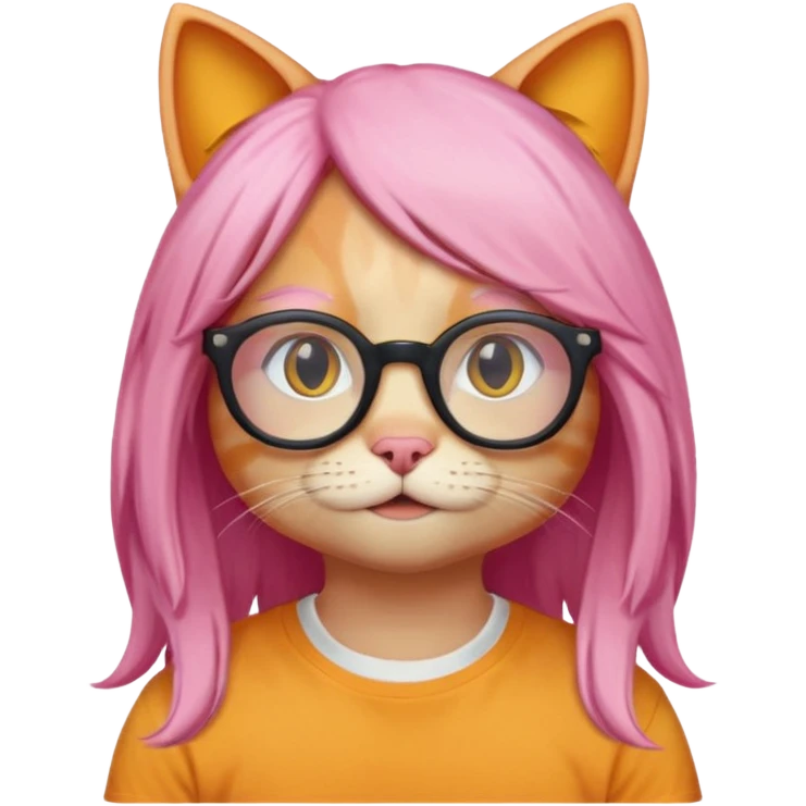 Orange Yellow cat wearing a long pink hair wig, black circle glasses, white T-shirt emoji