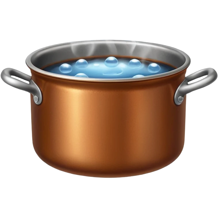 brown small metal pot filled with boiling water on a stove, visible hot steam and rising bubbles, realistic heat effect, shiny pot surface, bright lighting, clean white background emoji