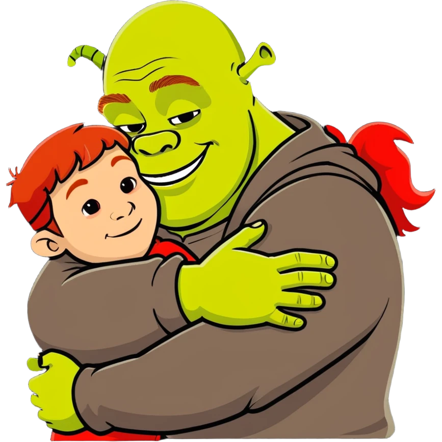 Shrek hugging a red-haired teenage boy emoji