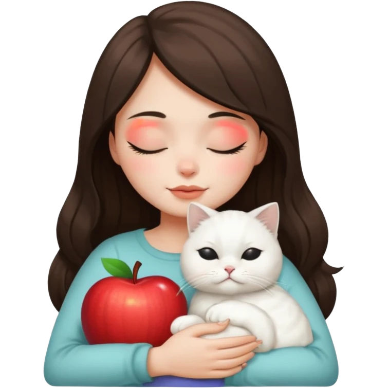 brunette girl cuddling a white Persian cat in her arms, both with closed eyes, apple emoji style emoji