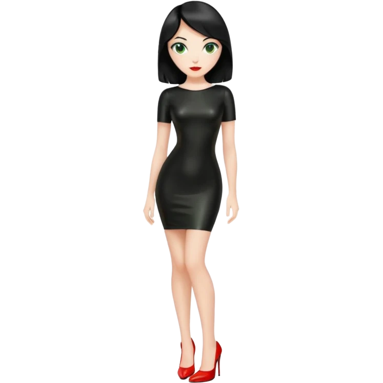 🕵🏻‍♀️💦🧥 black hair , green eyes , full body , red high heels , black latex dress , emoji