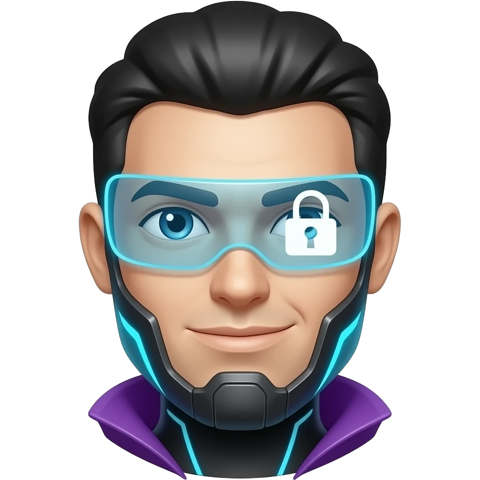 A sleek, confident face with a slight smirk, A lock symbol integrated into the design—as a hovering hologram. Color palette:  Electric blue & neon purple → innovation, tech, vision Black/steel accents → authority, control, mystery  Expression:  Calm. Calculated. Slightly amused. emoji