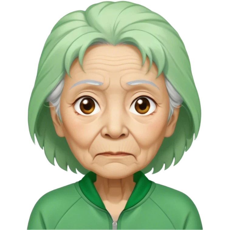 Hong is an old woman, around 60 years old, green tracksuit. She is unkempt and damp with sweat.  Her white hair tie. emoji
