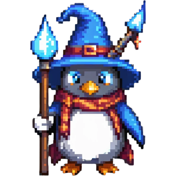 penguin wizard with a pointy hat and magic staff emoji