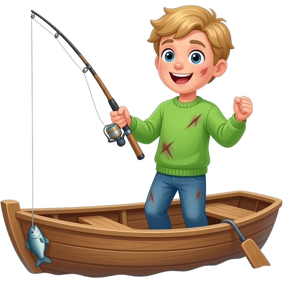 a young teenager with a green sweater and dirty blonde hair on a boat so excited to catch a fish emoji